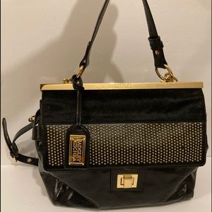Black Leather Badgley Mischka Handbag Gold Detail